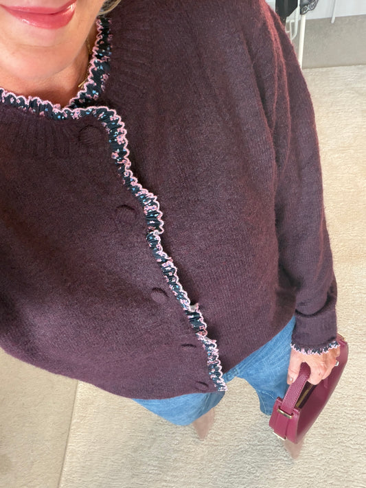 Plum/Pink Floral Frill Trim Cardigan