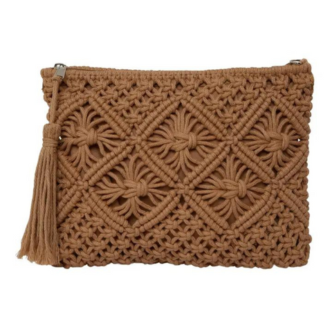 Tan Crochet Boho Clutch Bag