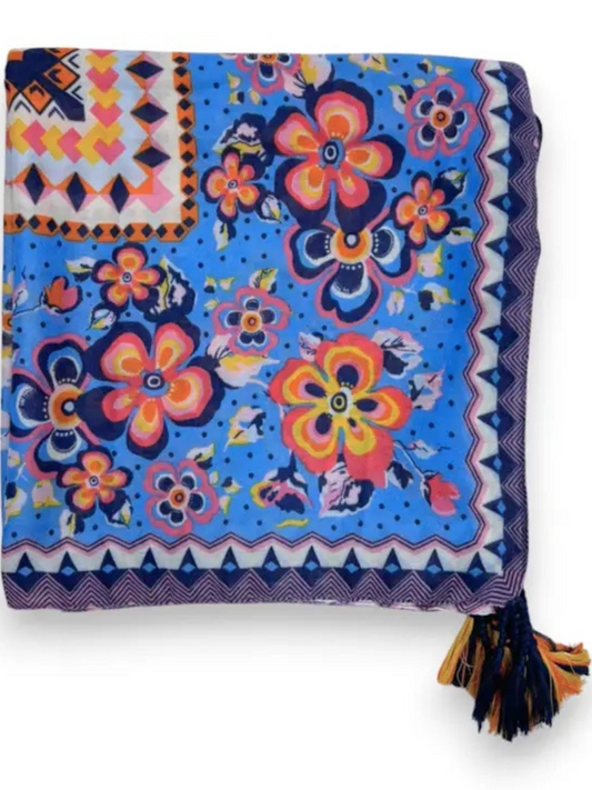 Blue Flower Tassel Square Scarf
