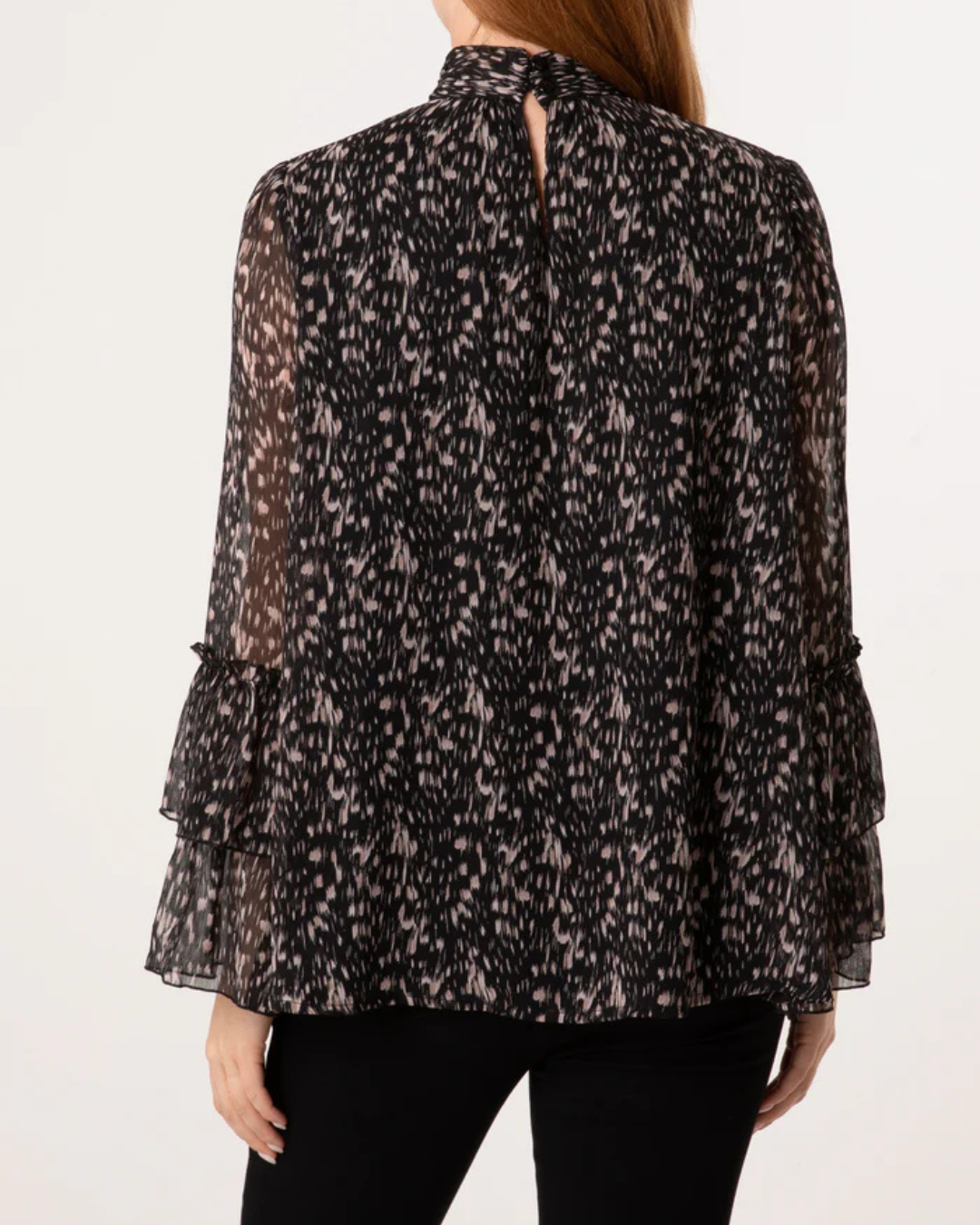 Black Printed Ruffle Sleeve Blouse