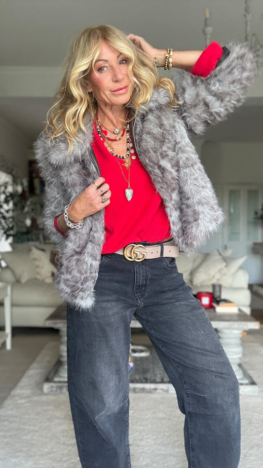 Lila Grey Leopard Faux Fur Jacket