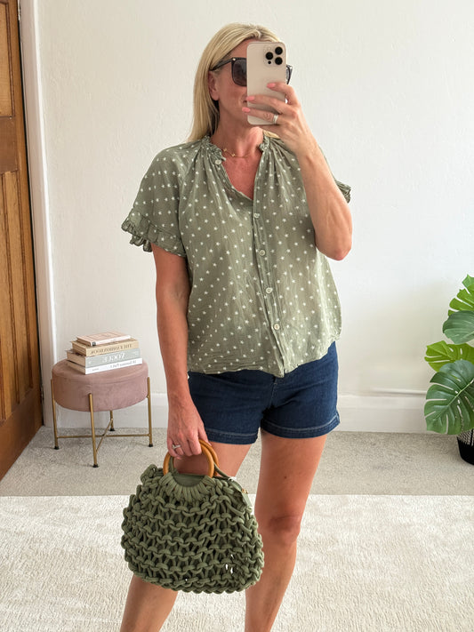 Navy Star Frill Sleeve Blouse