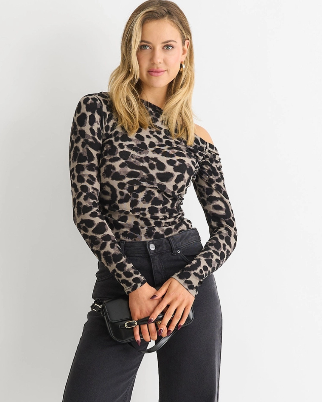 Grey Animal Print Jersey Slash Neck Top