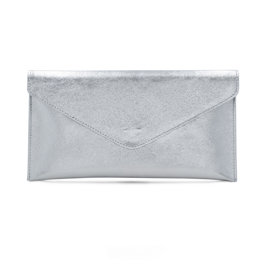 Silver Metallic Leather Clutch Bag