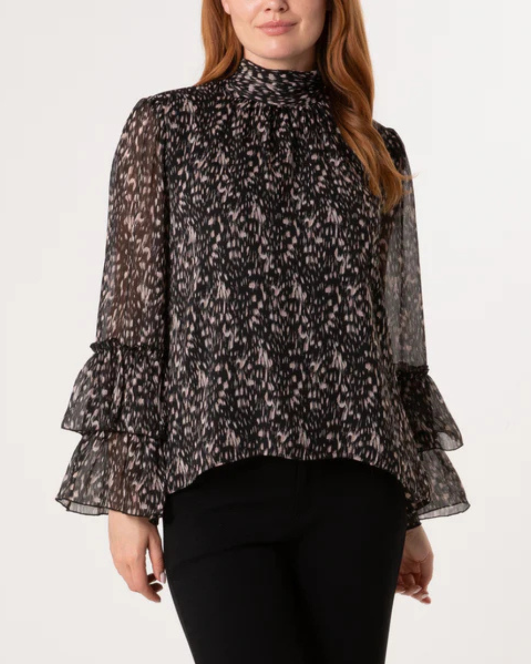 Black Printed Ruffle Sleeve Blouse