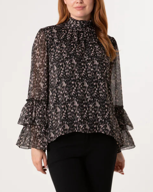 Black Printed Ruffle Sleeve Blouse
