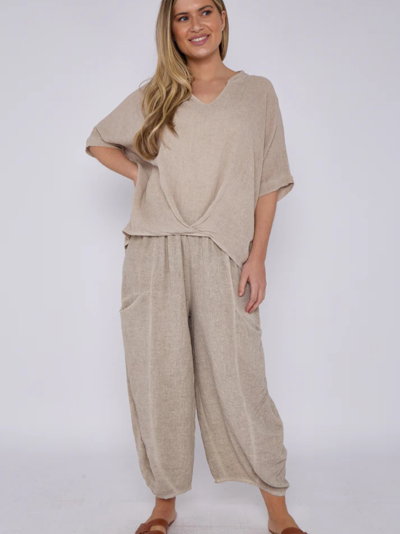Mocha Washed Linen Barrel Pocket Trousers