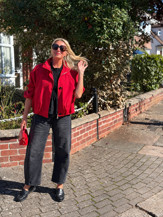 Red Funnel Neck Trench Bomber Jacket