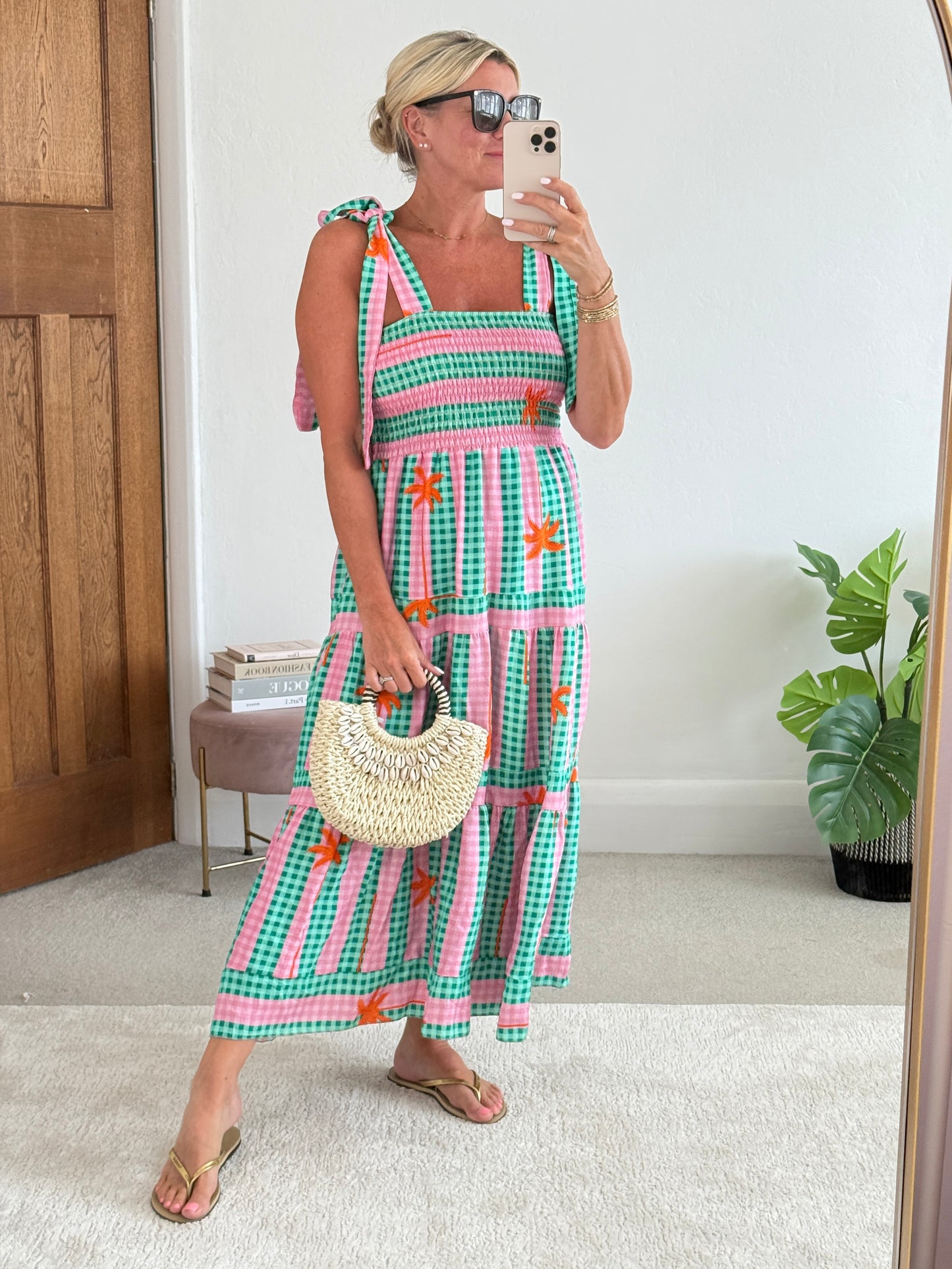 Green/Pink Gingham/Palm Shirred Maxi Dress