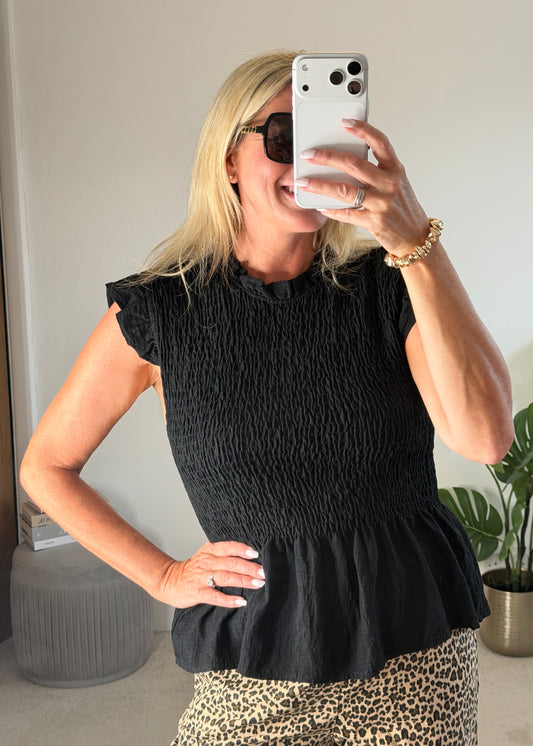 Black Smocked Peplum Top