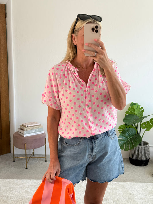 Hot Pink/Pink Polka Dot Frill Sleeve Blouse