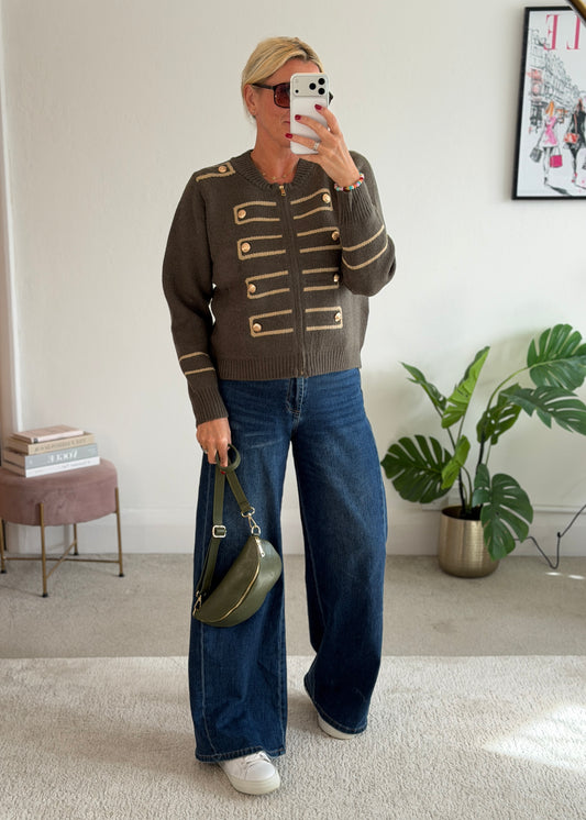 Khaki Military Zip Front Knitted Cardi