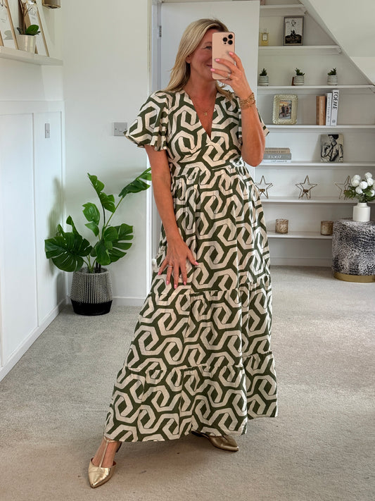 Khaki Retro Geometric Print Maxi Dress