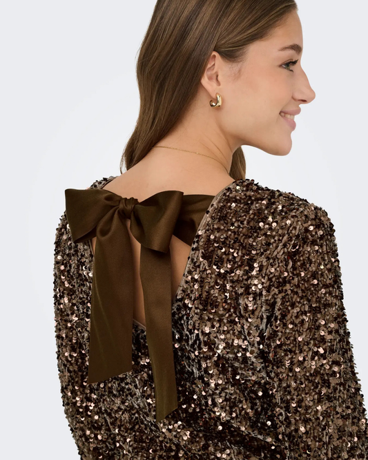 Chestnut Sequin Satin Bow Back Top