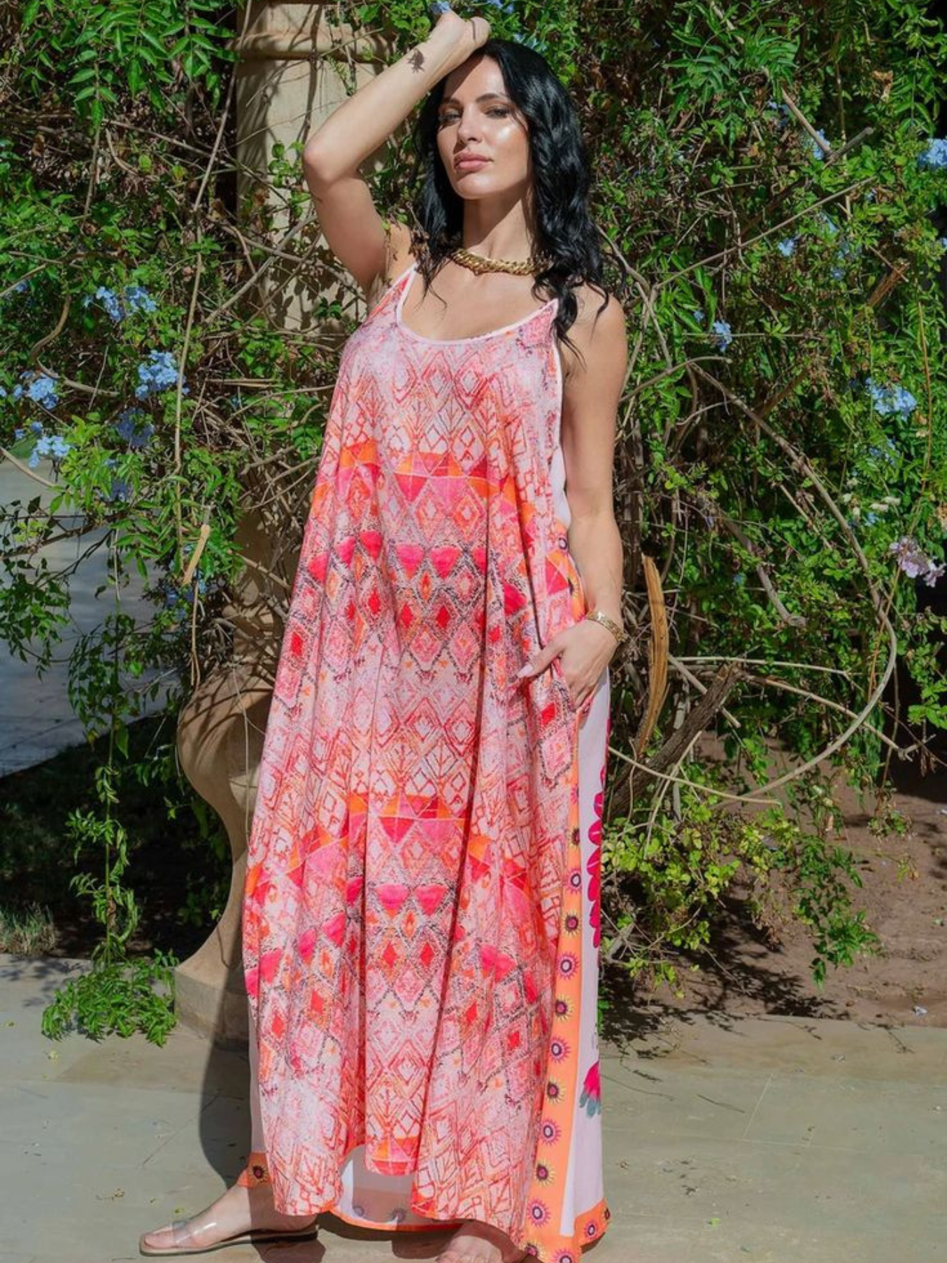 Melina Coral Strappy Contrast Back Maxi Dress
