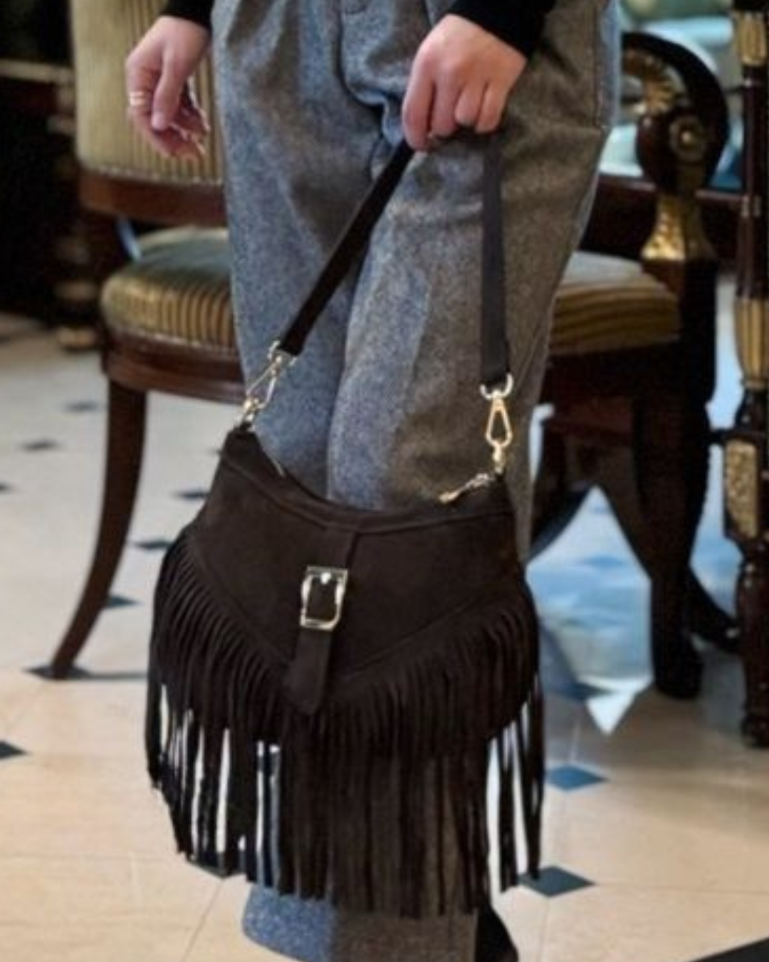 Light Taupe Fringe Cross Body Bag