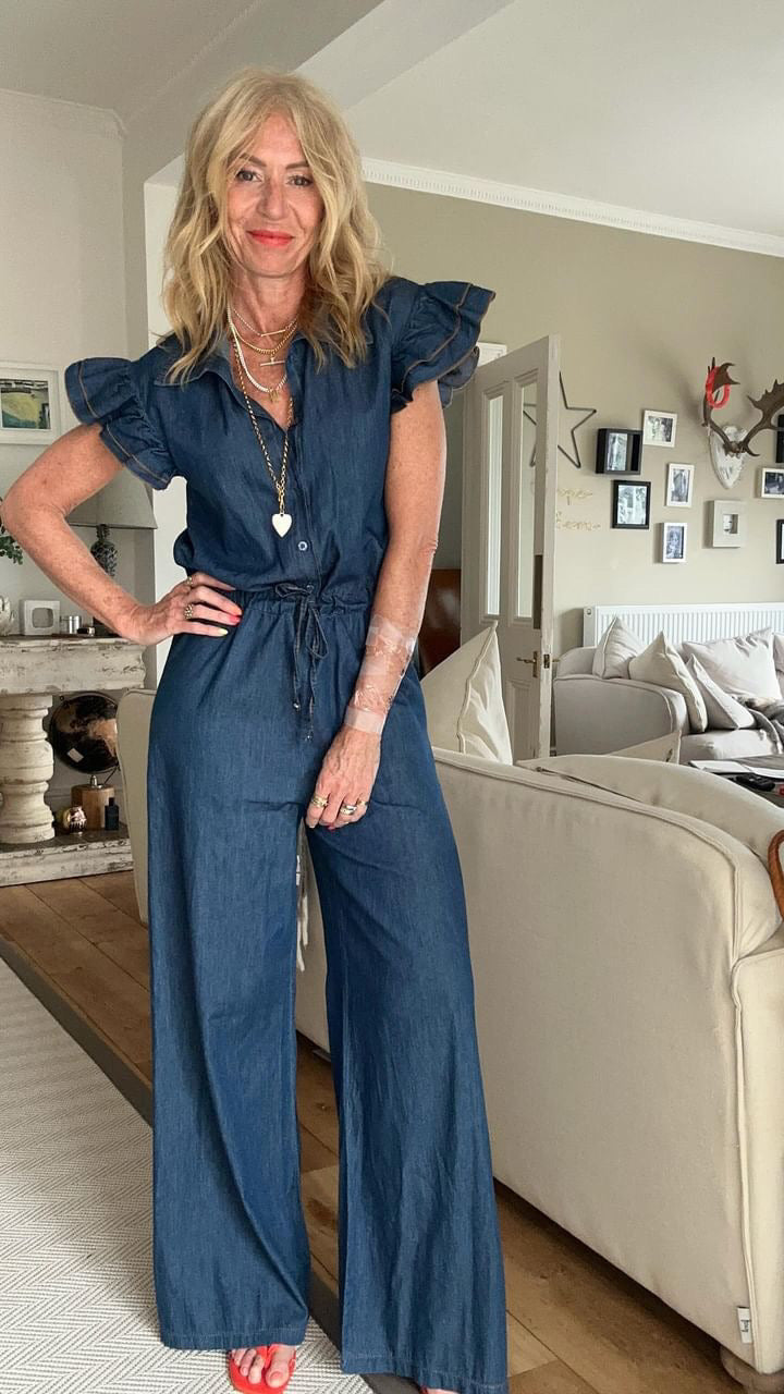 Chambray Denim Frill Sleeve Jumpsuit