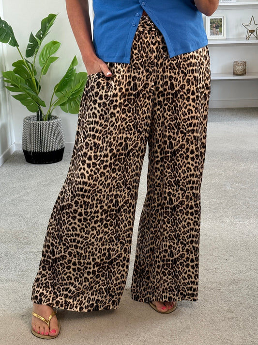 New Leopard Print Satin Wide Leg Trousers