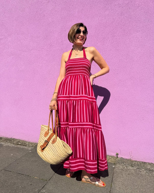 Pink/Red Striped Shirred Maxi Dress