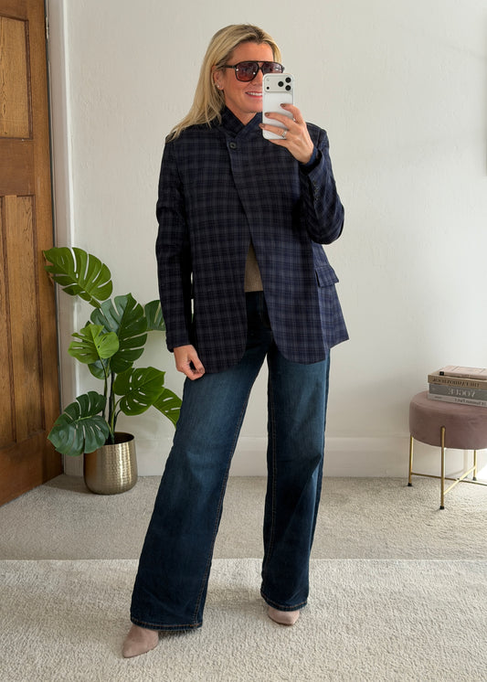 Navy/Blue Check Asymmetric Button Blazer