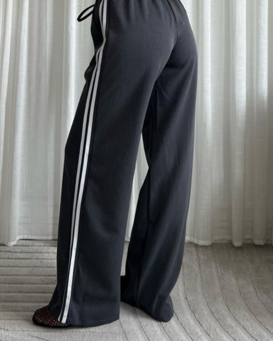 Grey Twill Double Stripe Wide Leg Trousers