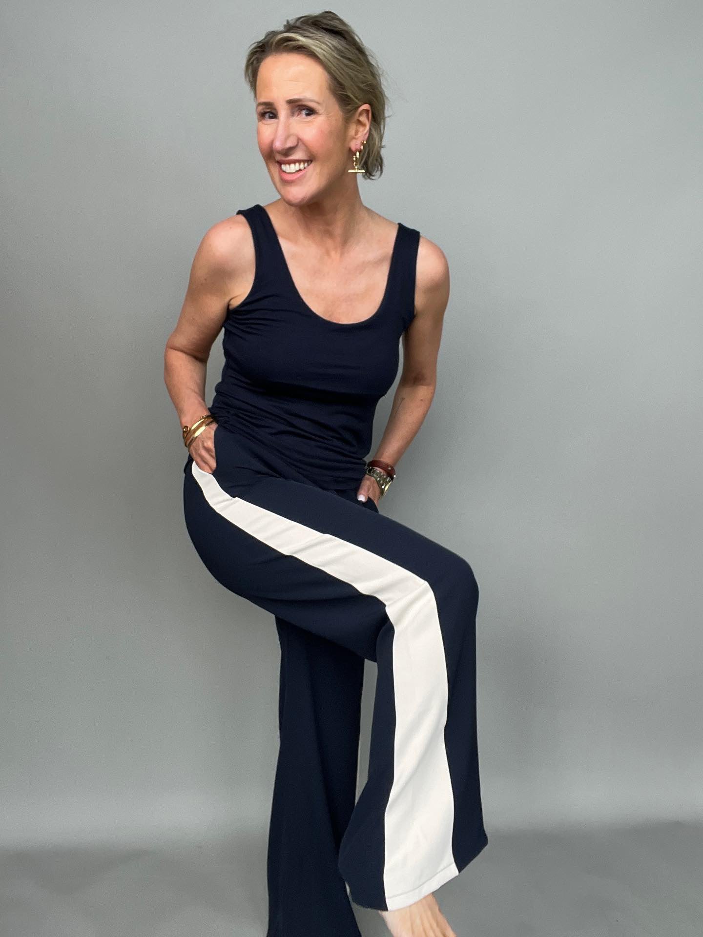 Navy/Beige Stripe Wide Leg Trousers