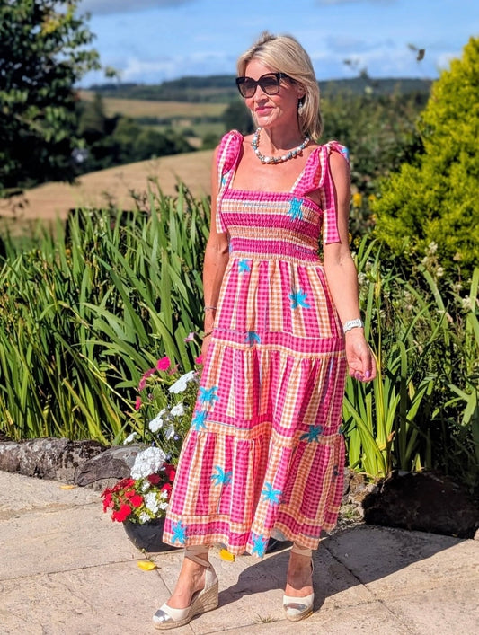 Pink/Orange Gingham/Palm Shirred Maxi Dress