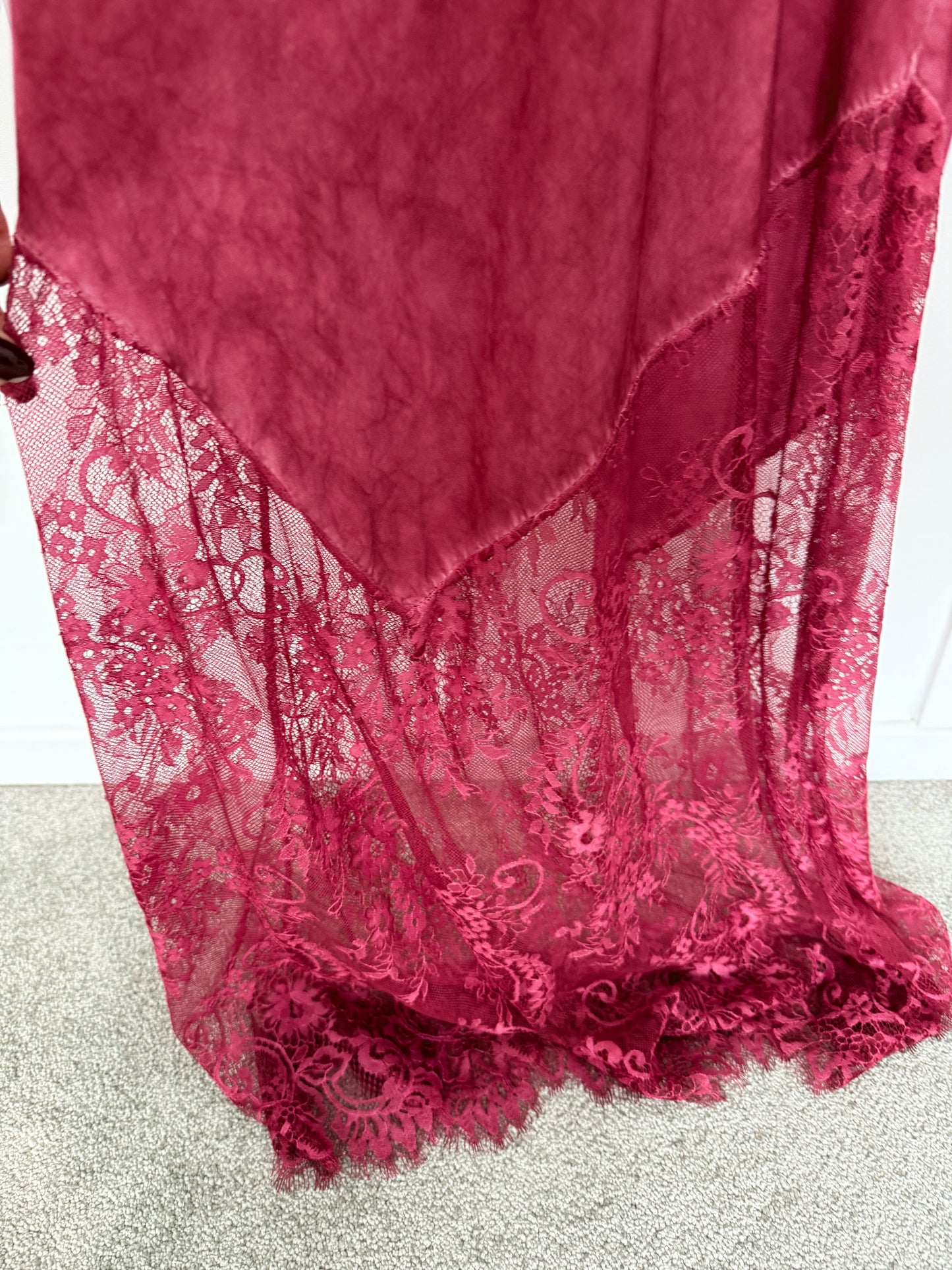 Burgundy Satin Lace V-Neck Maxi Slip Dress