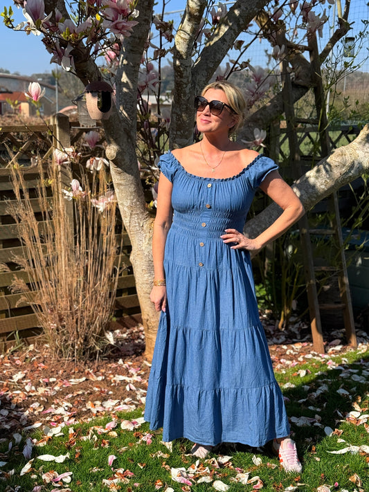 Blue Denim Bardot Tiered Maxi Dress