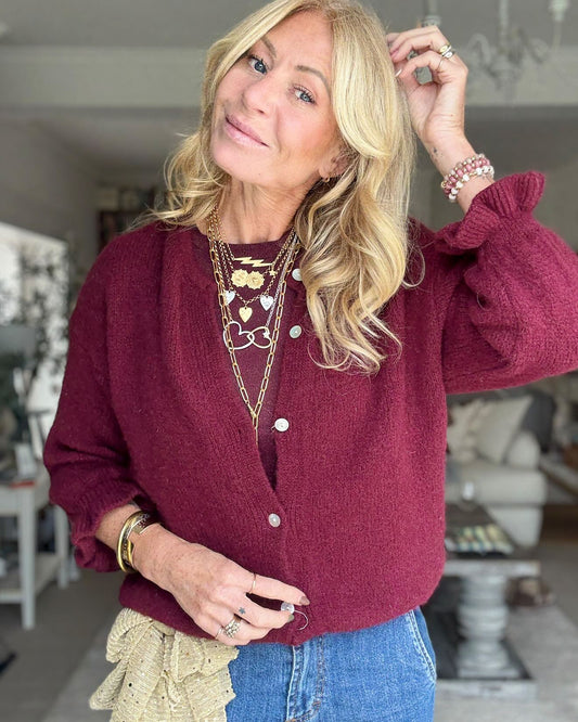 Burgundy Alpaca Mix Frill Sleeve Cardigan
