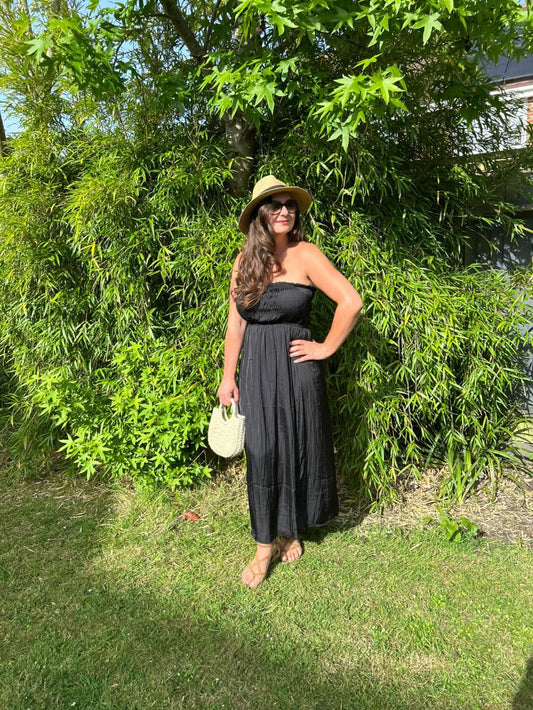 Black Strapless Shirred Dress