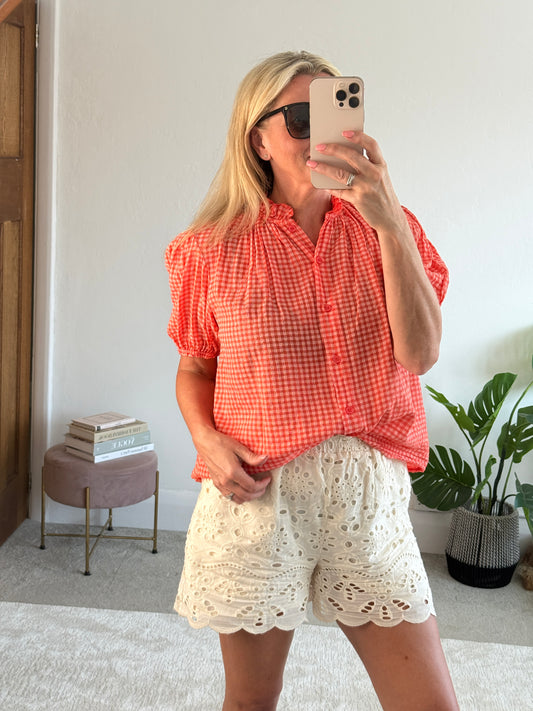 Coral Gingham Frill Sleeve Blouse