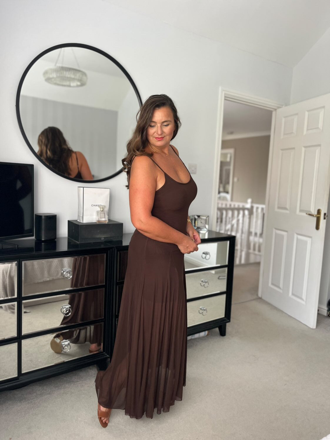 Chocolate Strappy Mesh Maxi Dress