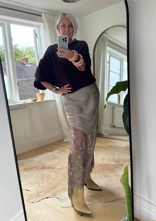 Mocha Satin Lace V-Neck Maxi Slip Dress