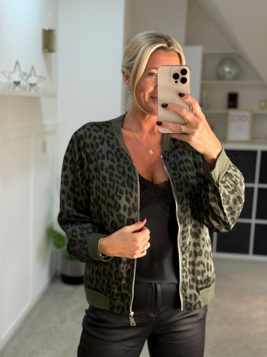 Khaki Leopard Silk Mix Bomber Jacket