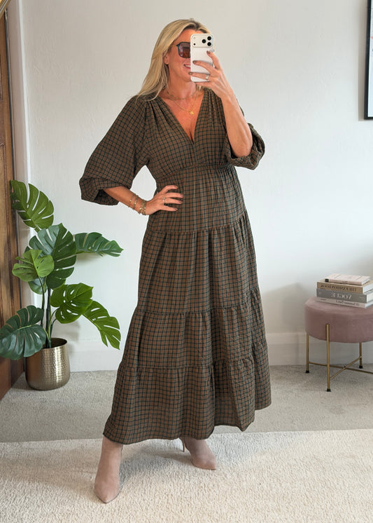 Khaki Heritage Check V-Neck Tiered Dress