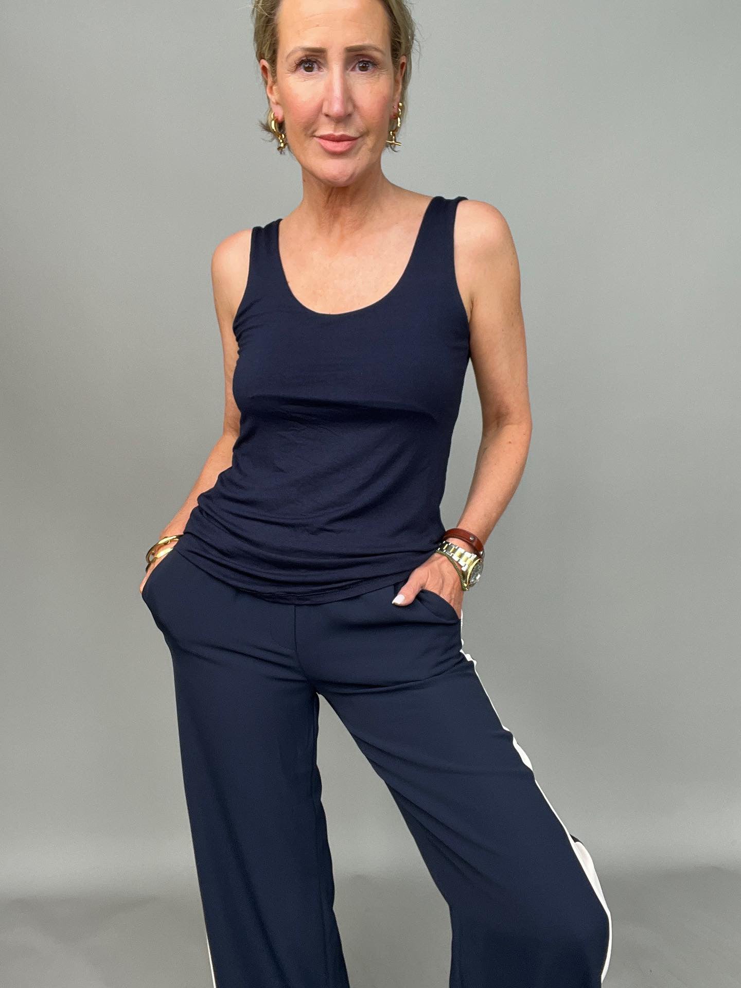 Navy/Beige Stripe Wide Leg Trousers