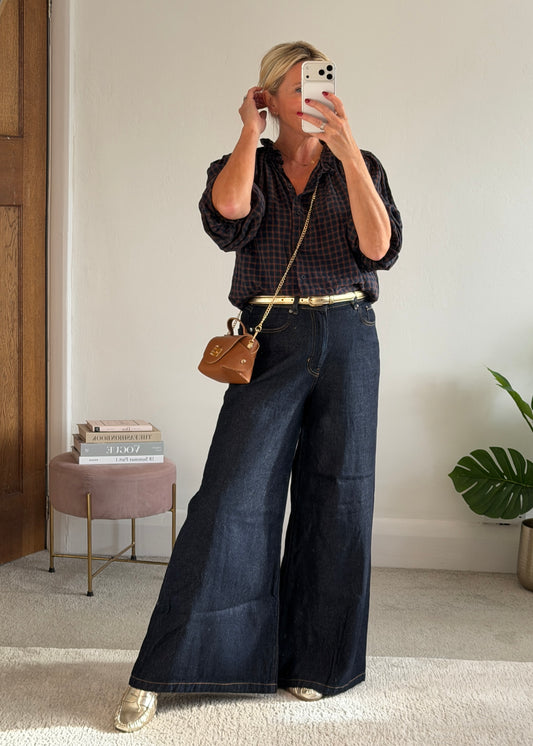 Navy Heritage Check Frill Collar Blouse