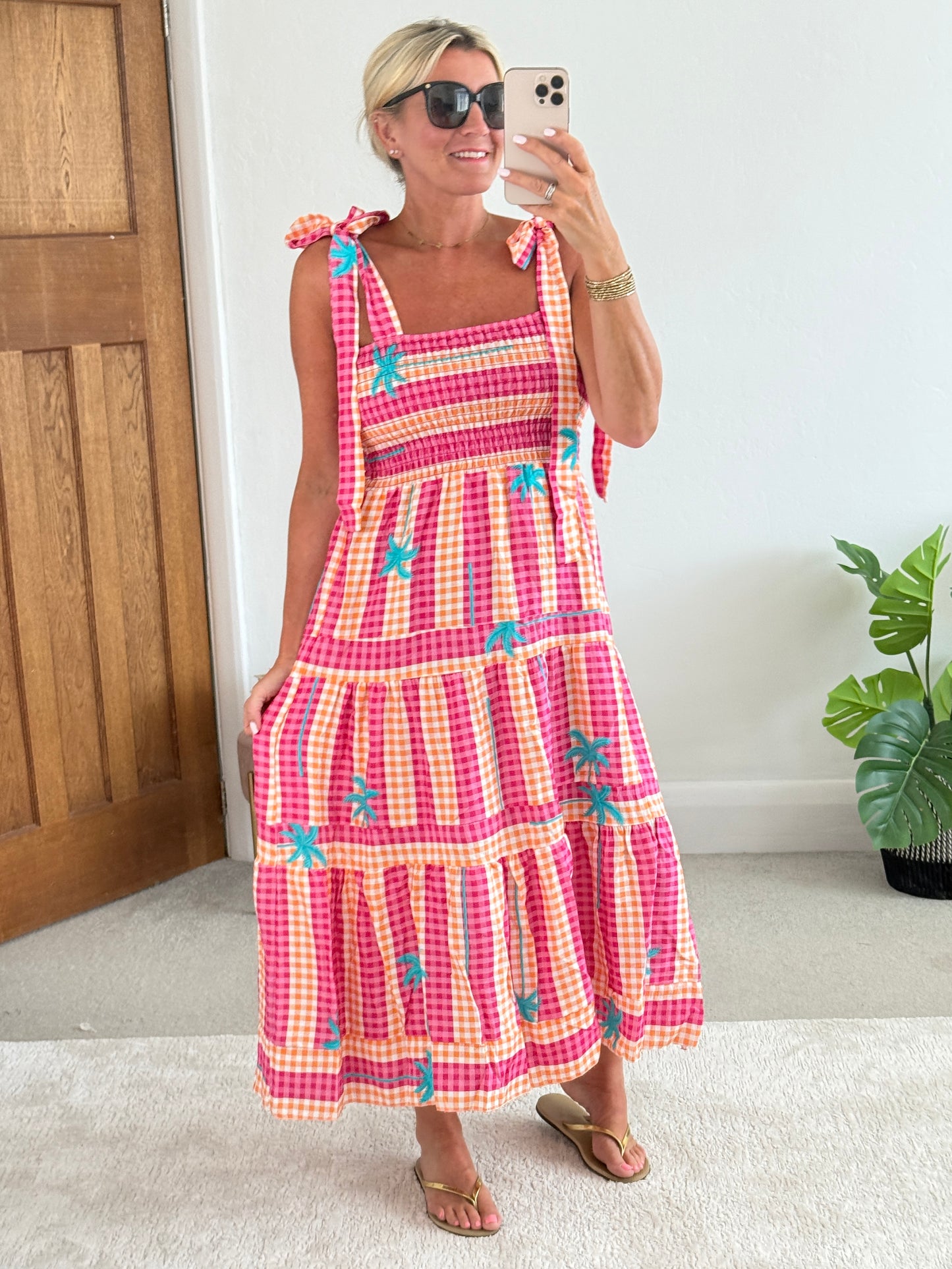 Pink/Orange Gingham/Palm Shirred Maxi Dress