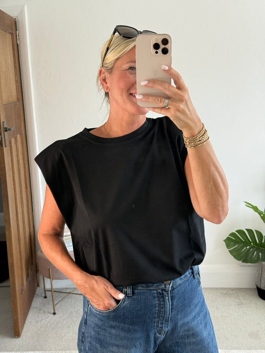 Black Structured Shoulder T-Shirt