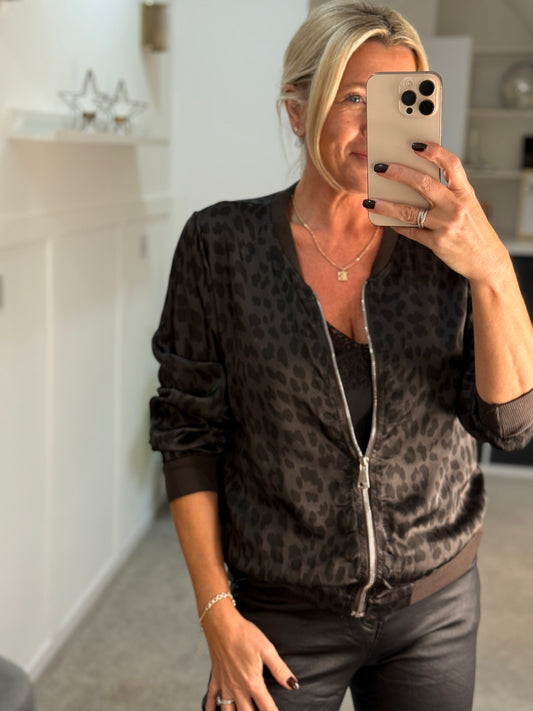 Dark Chocolate Leopard Silk Mix Bomber Jacket