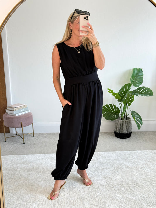 Black Elasticated Sleeveless Harem Jumpsuit