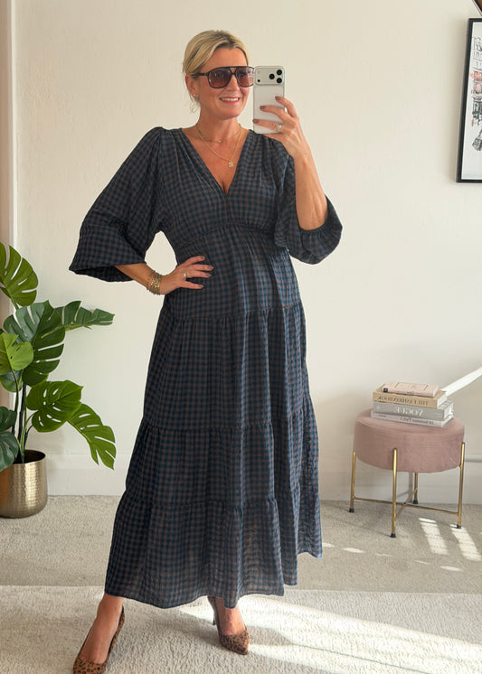 Navy Heritage Check V-Neck Tiered Dress