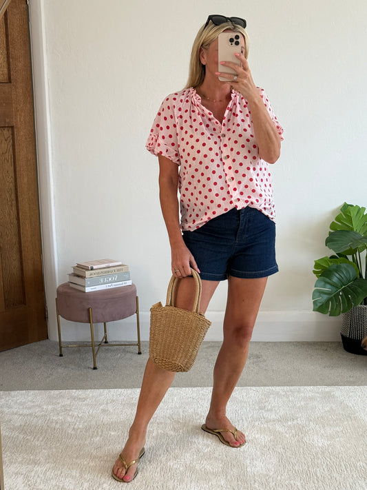 Red/Pink Polka Dot Frill Sleeve Blouse