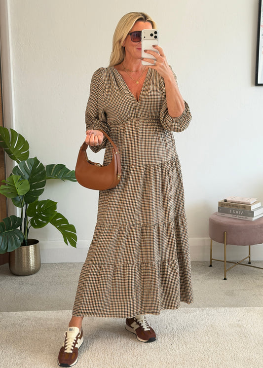 Cream Heritage Check V-Neck Tiered Dress