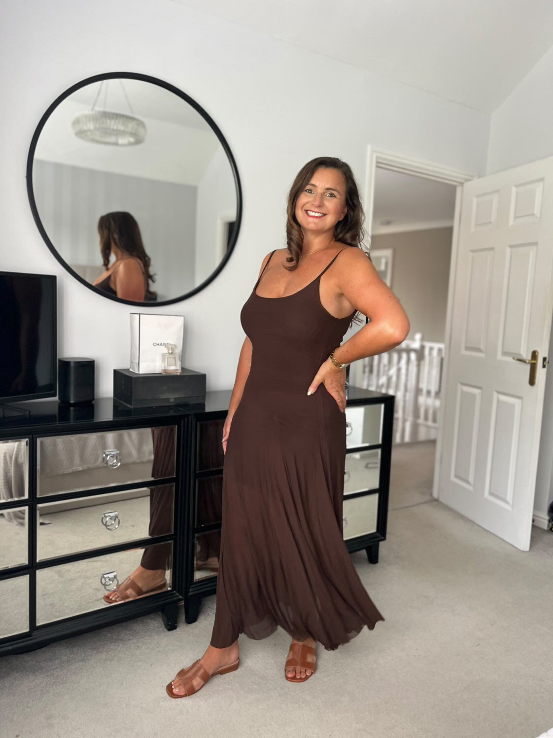 Chocolate Strappy Mesh Maxi Dress