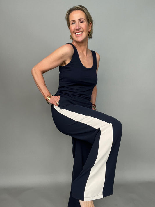 Navy/Beige Stripe Wide Leg Trousers