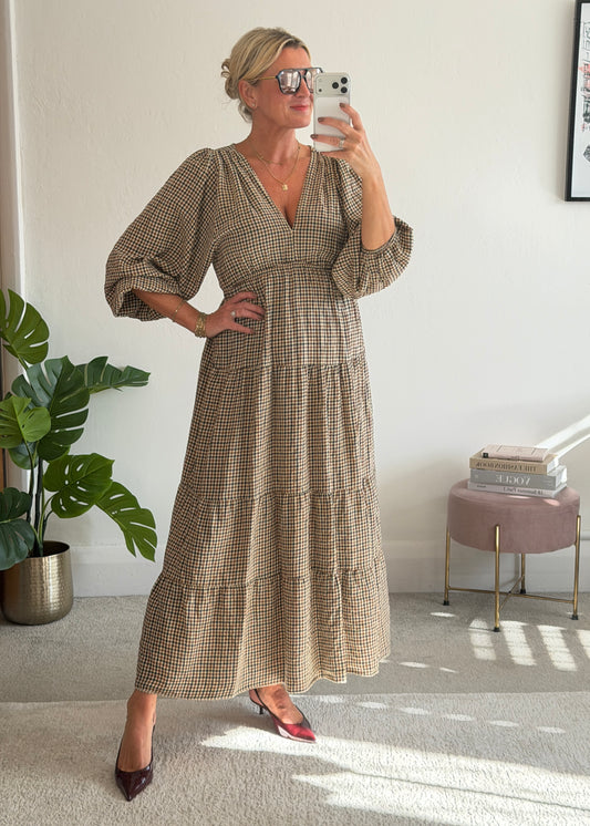 Cream Heritage Check V-Neck Tiered Dress