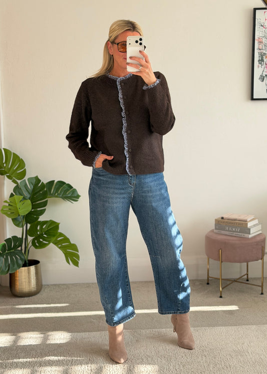 Chocolate/Blue Floral Frill Trim Cardigan