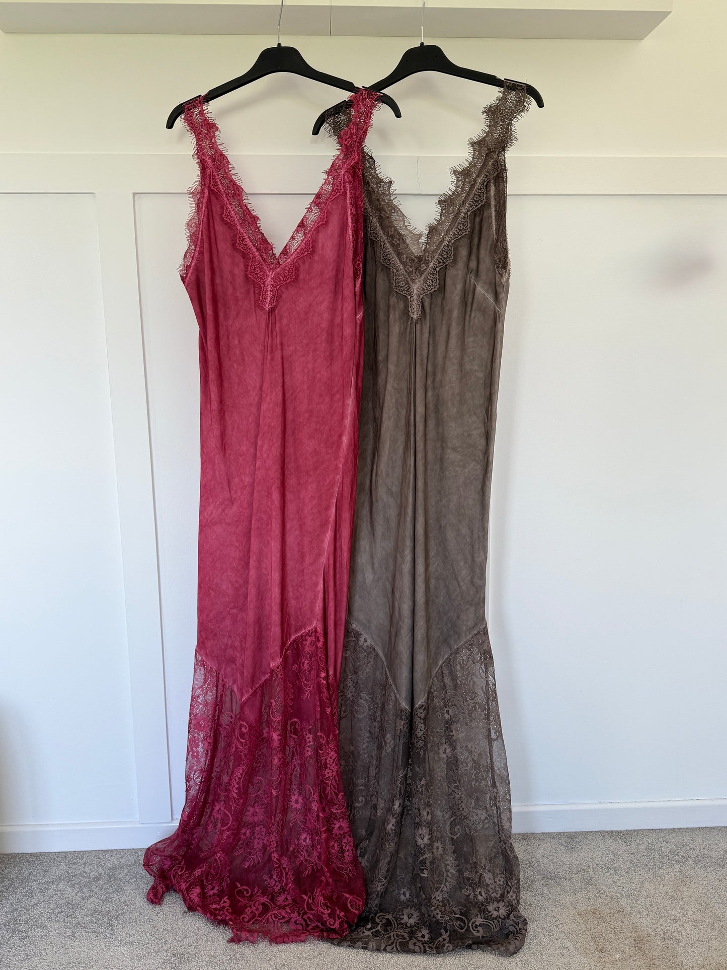 Mocha Satin Lace V-Neck Maxi Slip Dress